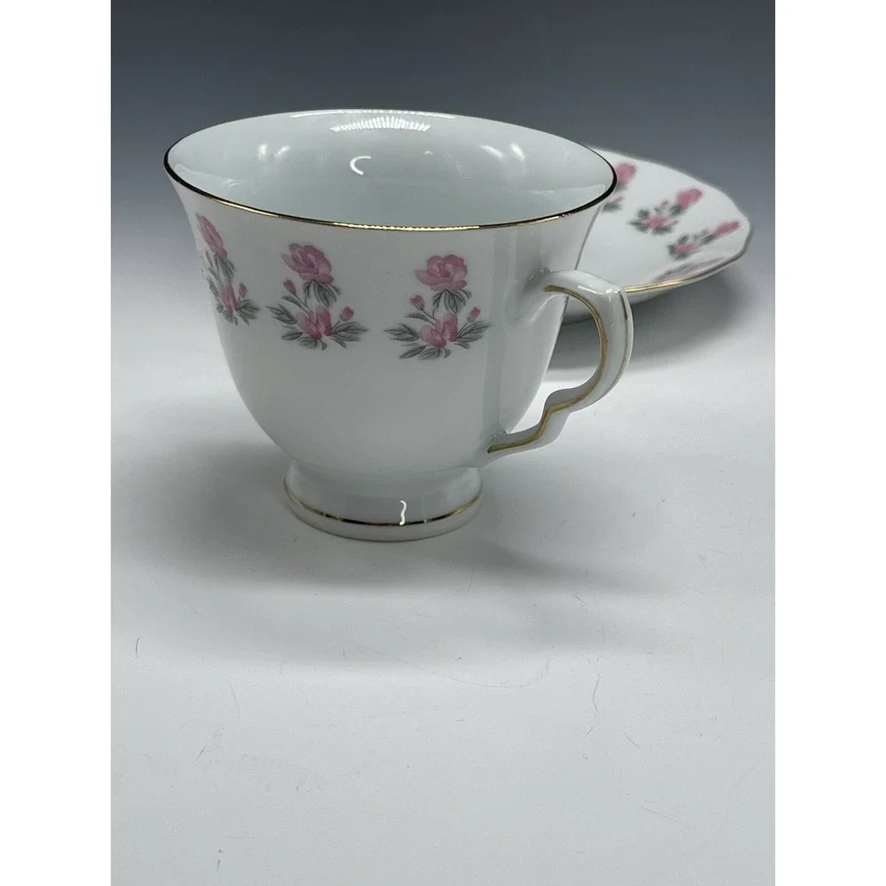 Floral Fine Porcelian China Coffee‎ Teacup Cup and Saucer Pink Ivory A50